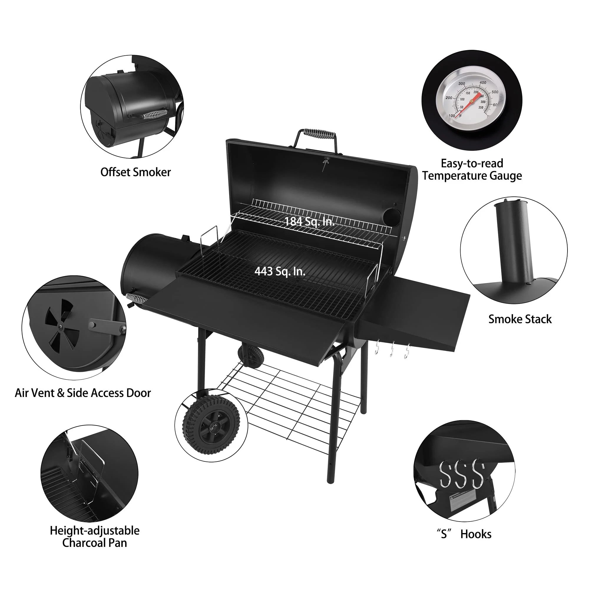 2025 Royal Gourmet Parrilla de Carbón BBQ de 30" y Ahumador Lateral