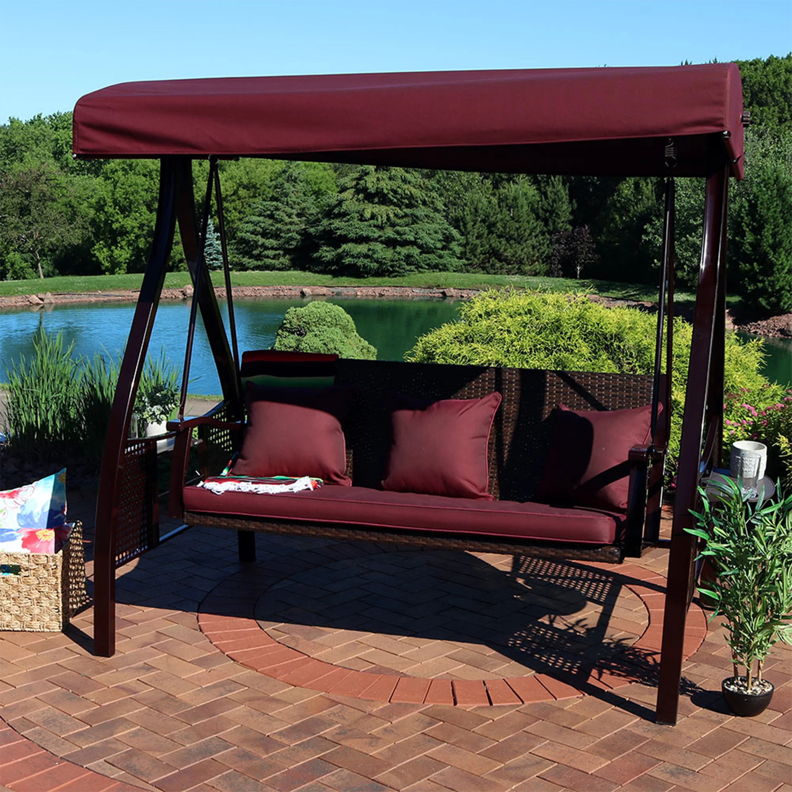 2025 Columpio de Jardín Sunnydaze Deluxe para 3 Personas con Toldo y Mesas Laterales