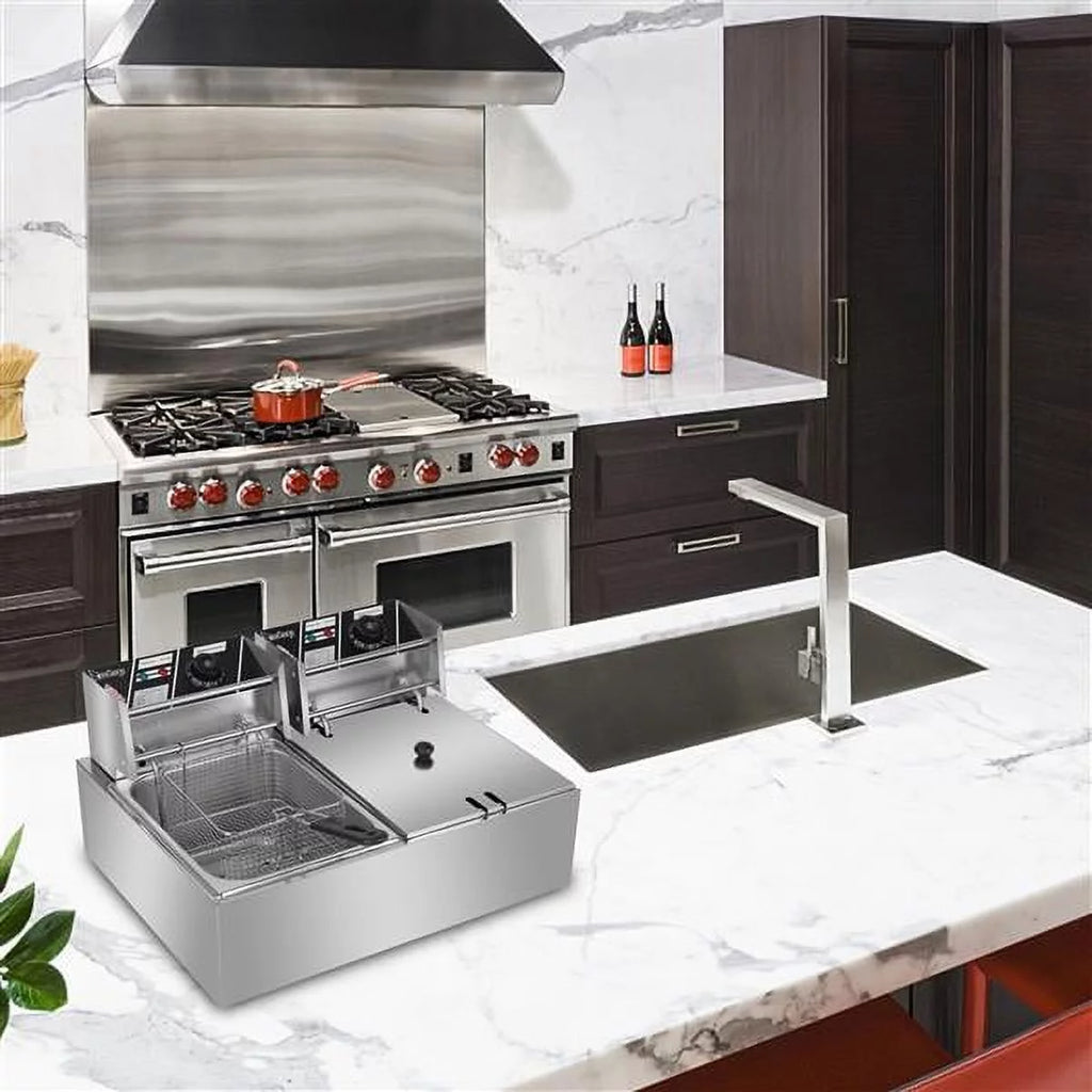 Freidora eléctrica de sobremesa con doble tanque de acero inoxidable - Gran capacidad - Electrodoméstico de sobremesa - Freidora industrial con tanque grande para papas fritas (12.7 cuartos/12 L, 5000 W)