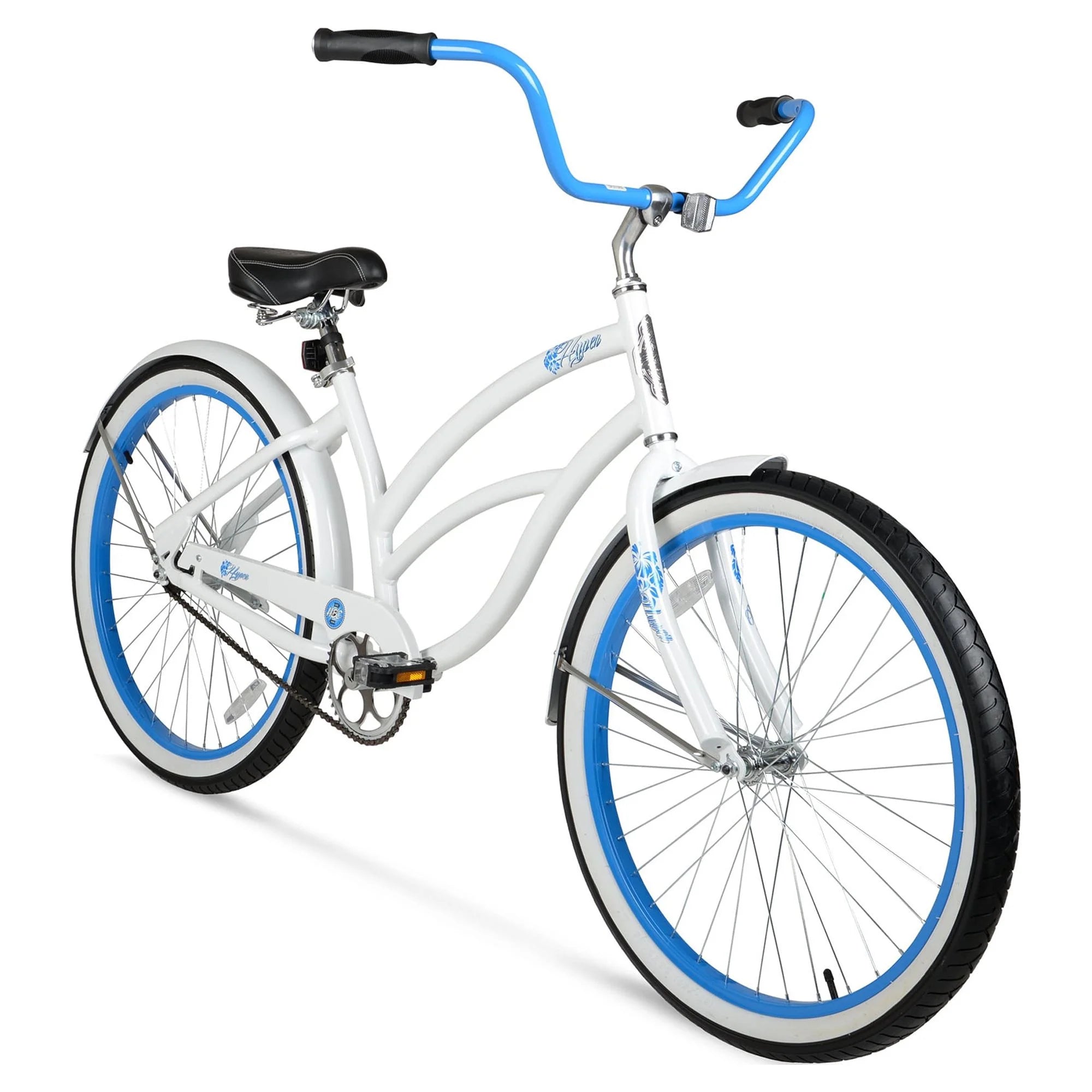 Bicicleta de playa para mujer Hyper, 26 pulgadas, blanca con llantas azules