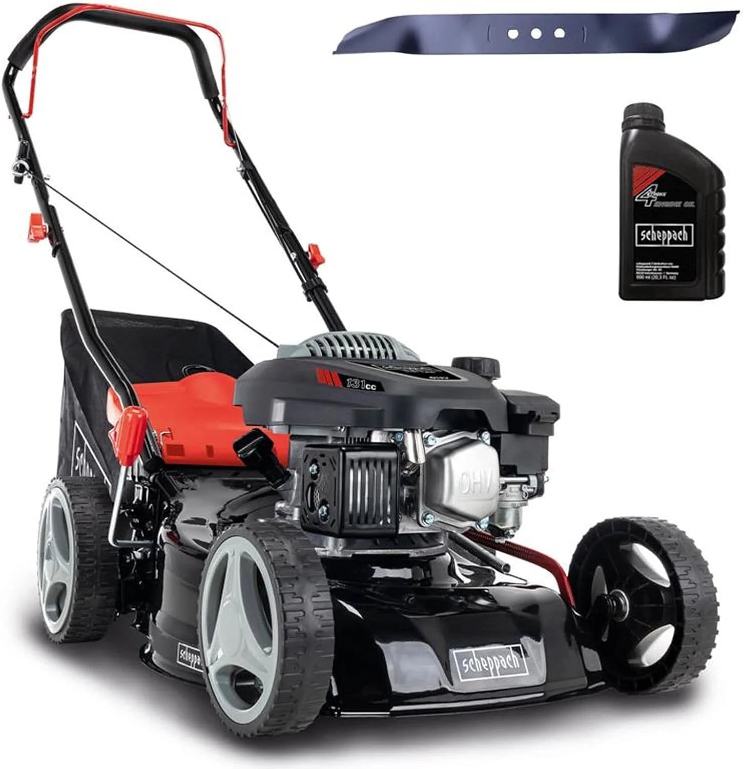 2025 Cortacésped Scheppach RM420 | 3 en 1 – 3,4 CV | Ancho de corte 420 mm | Cesto de recogida 45 L | Ajuste de altura de corte 25-75 mm | Incluye aceite para motor y cuchilla de repuesto