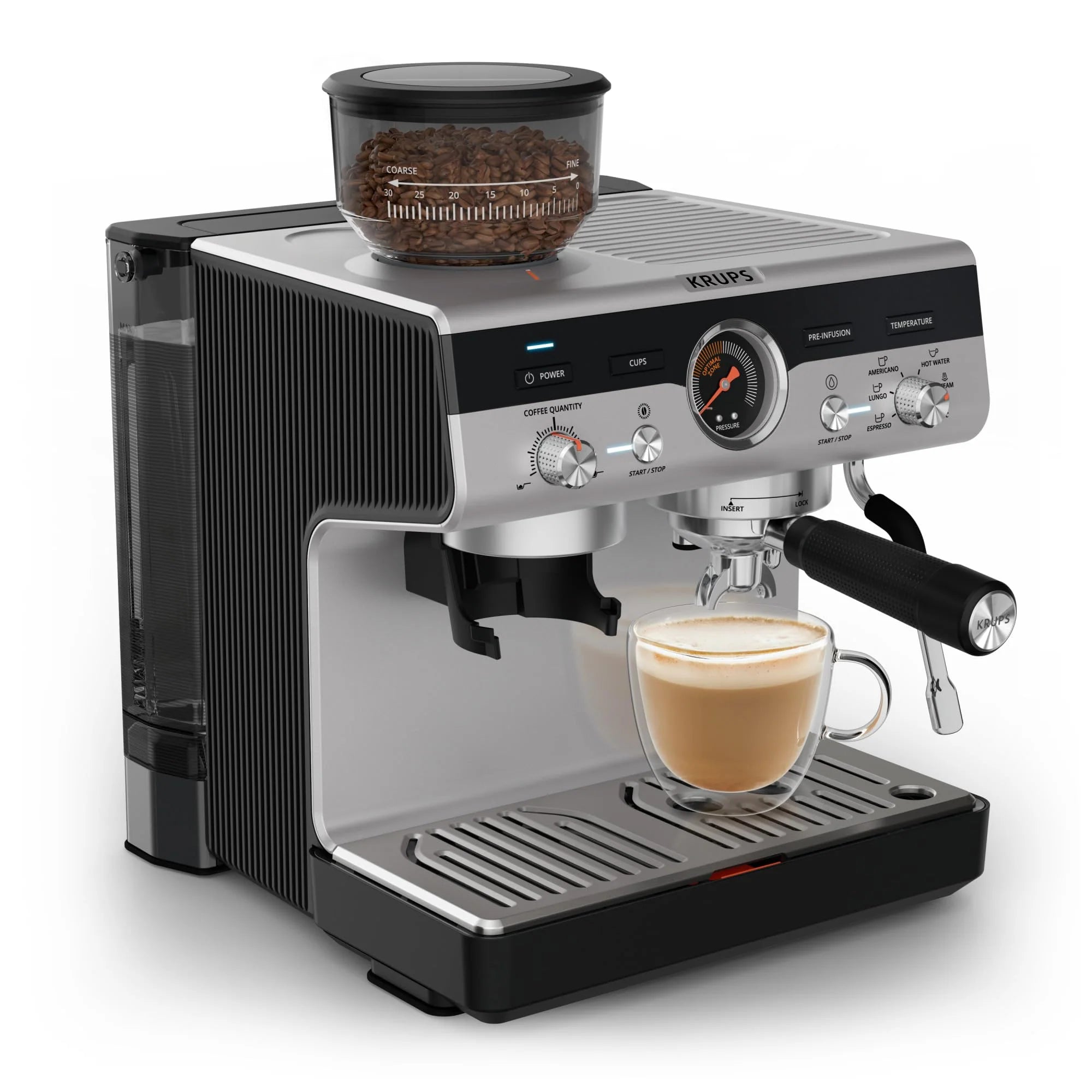 Krups Virtuoso Essential - Cafetera espresso 15 bar, acero inox negro, diseño compacto y elegante, parada automática, espresso y cappuccino, Thermoblock, boquilla de vapor, incluye cuchara, XP4418
