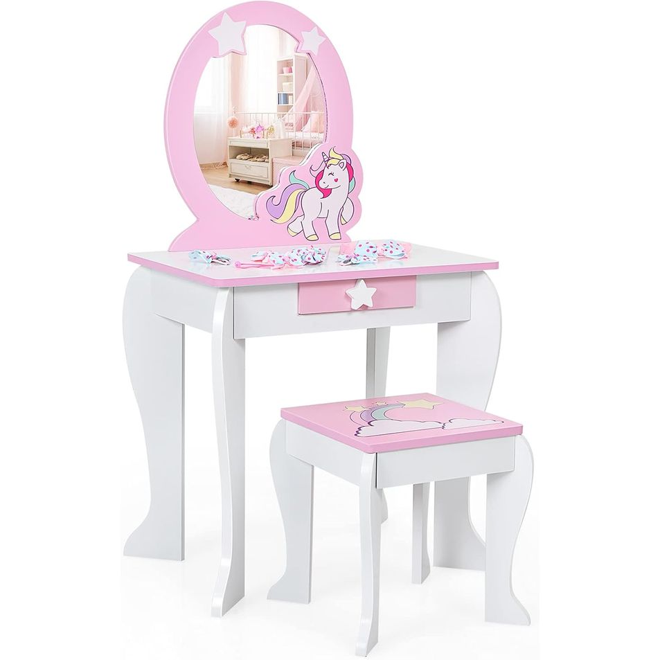 Tocador Infantil Con Taburete Y Espejo Mesa De Maquillaje Costway 49 X 34 X 90 Cm