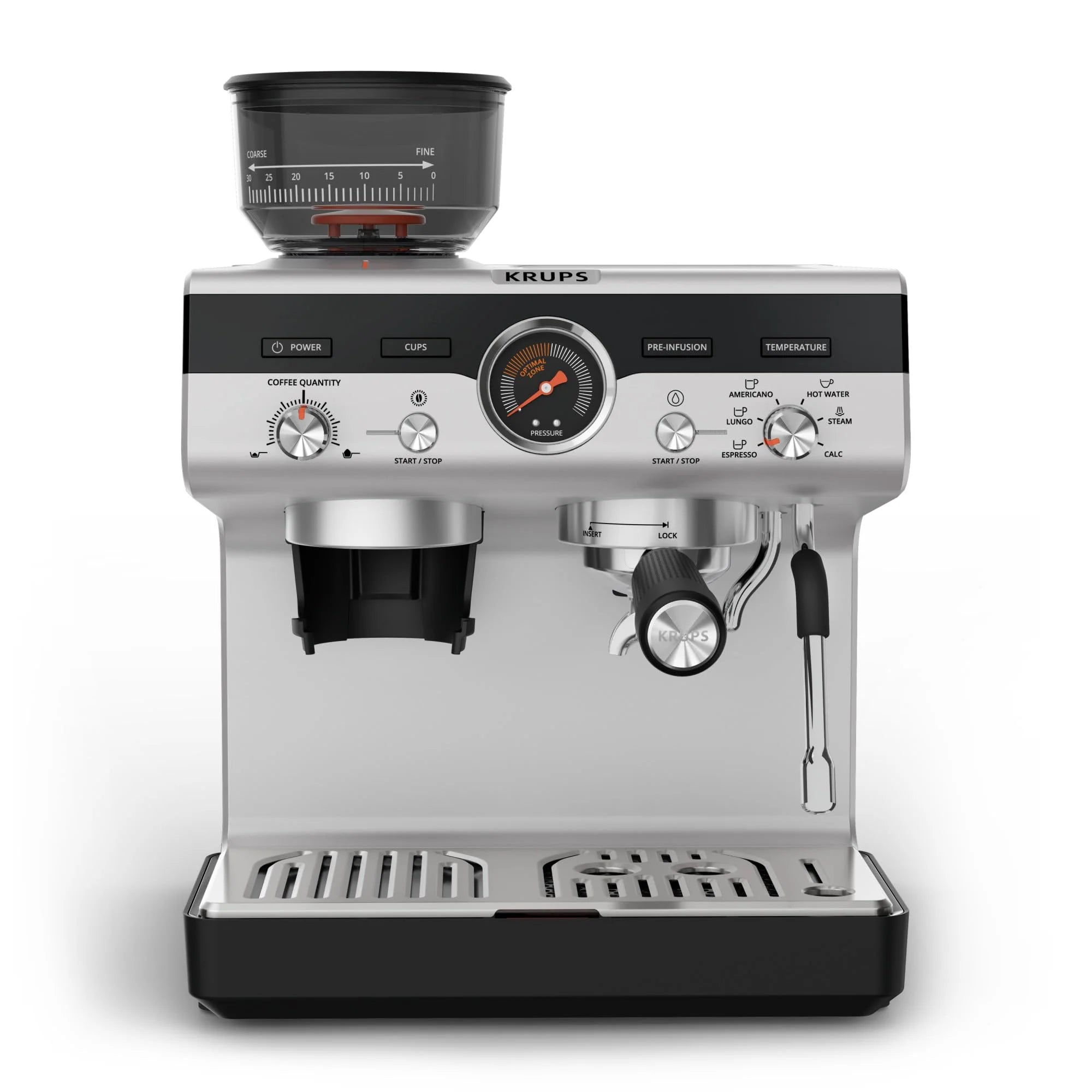 Krups Virtuoso Essential - Cafetera espresso 15 bar, acero inox negro, diseño compacto y elegante, parada automática, espresso y cappuccino, Thermoblock, boquilla de vapor, incluye cuchara, XP4418