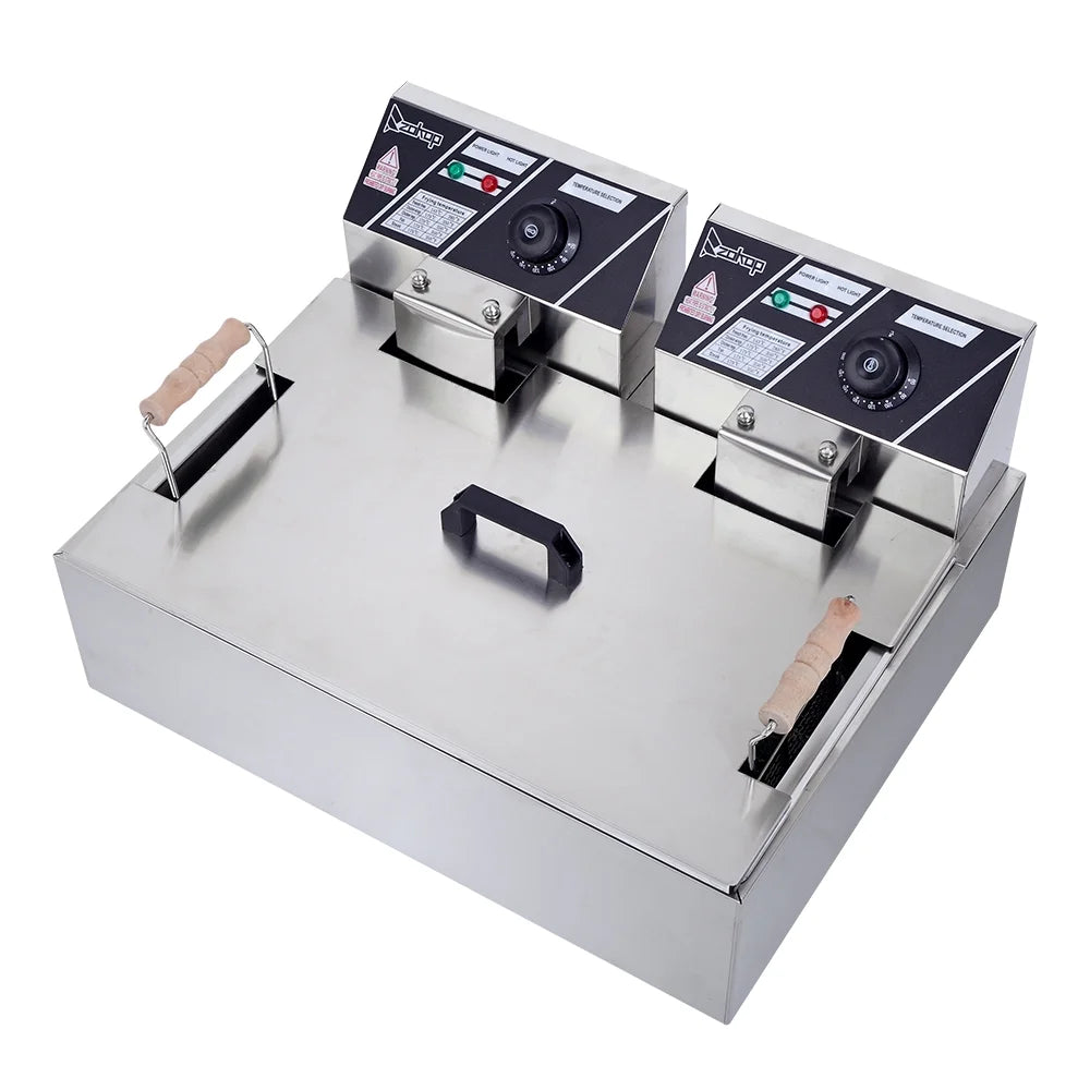 Freidora eléctrica ZOKOP de gran capacidad de 12,7 cuartos, tanque de acero inoxidable de una sola pieza con cesta, color plateado