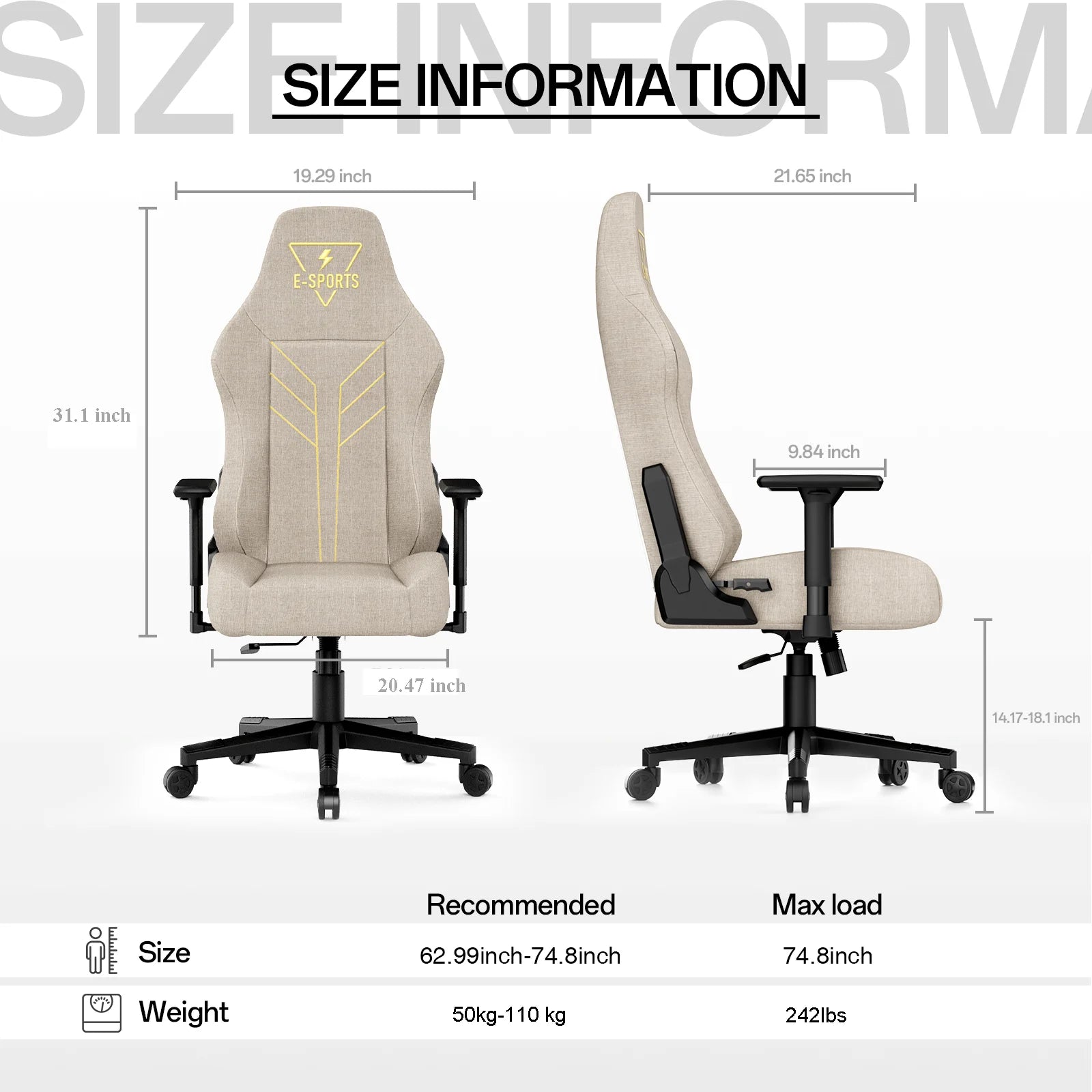 2025 Silla ergonómica para juegos Bigzzia con respaldo alto, reposabrazos 3D, altura ajustable y giro de 360°, color beige
