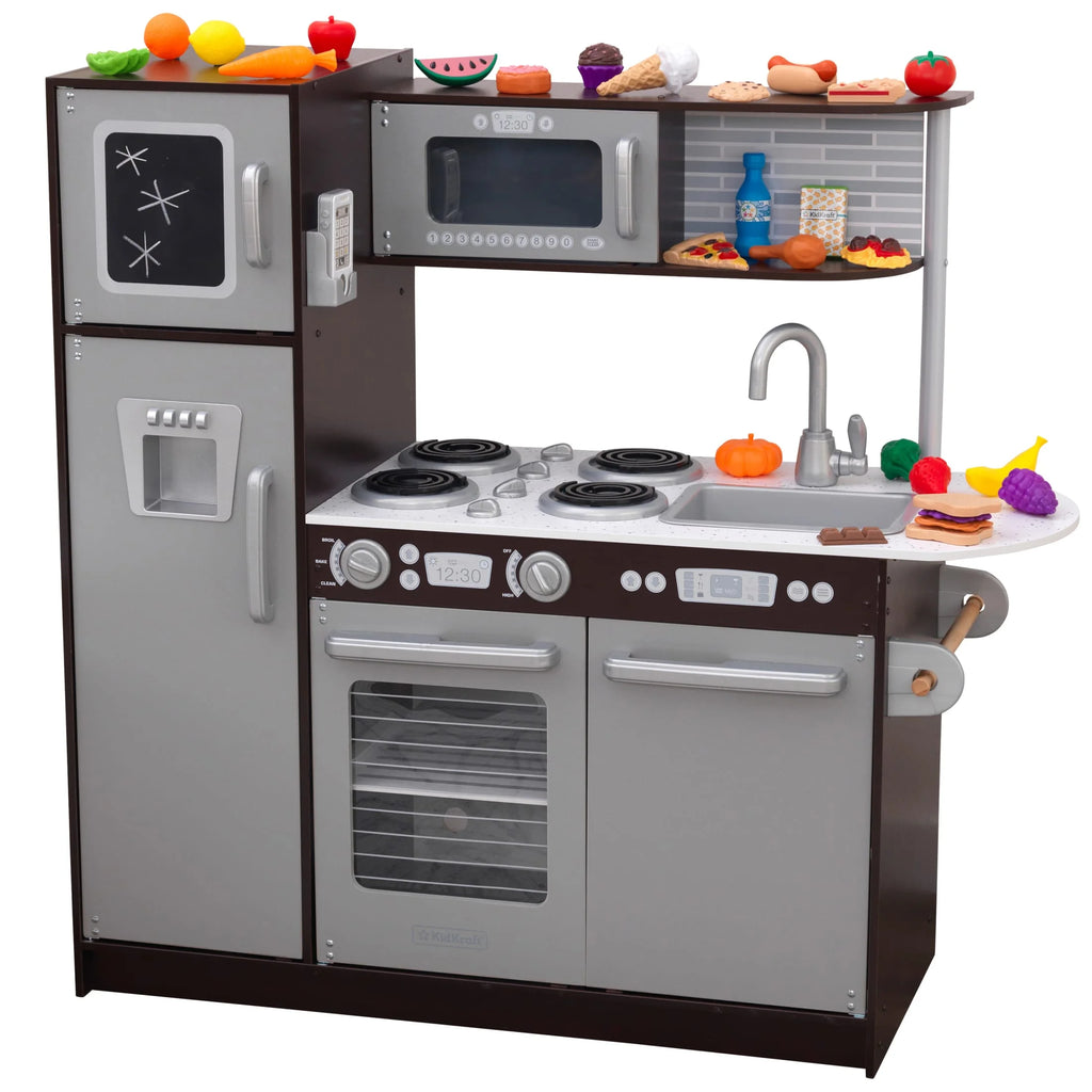2025 Cocina de madera KidKraft Uptown Espresso con 30 accesorios de alimentos lúdicos