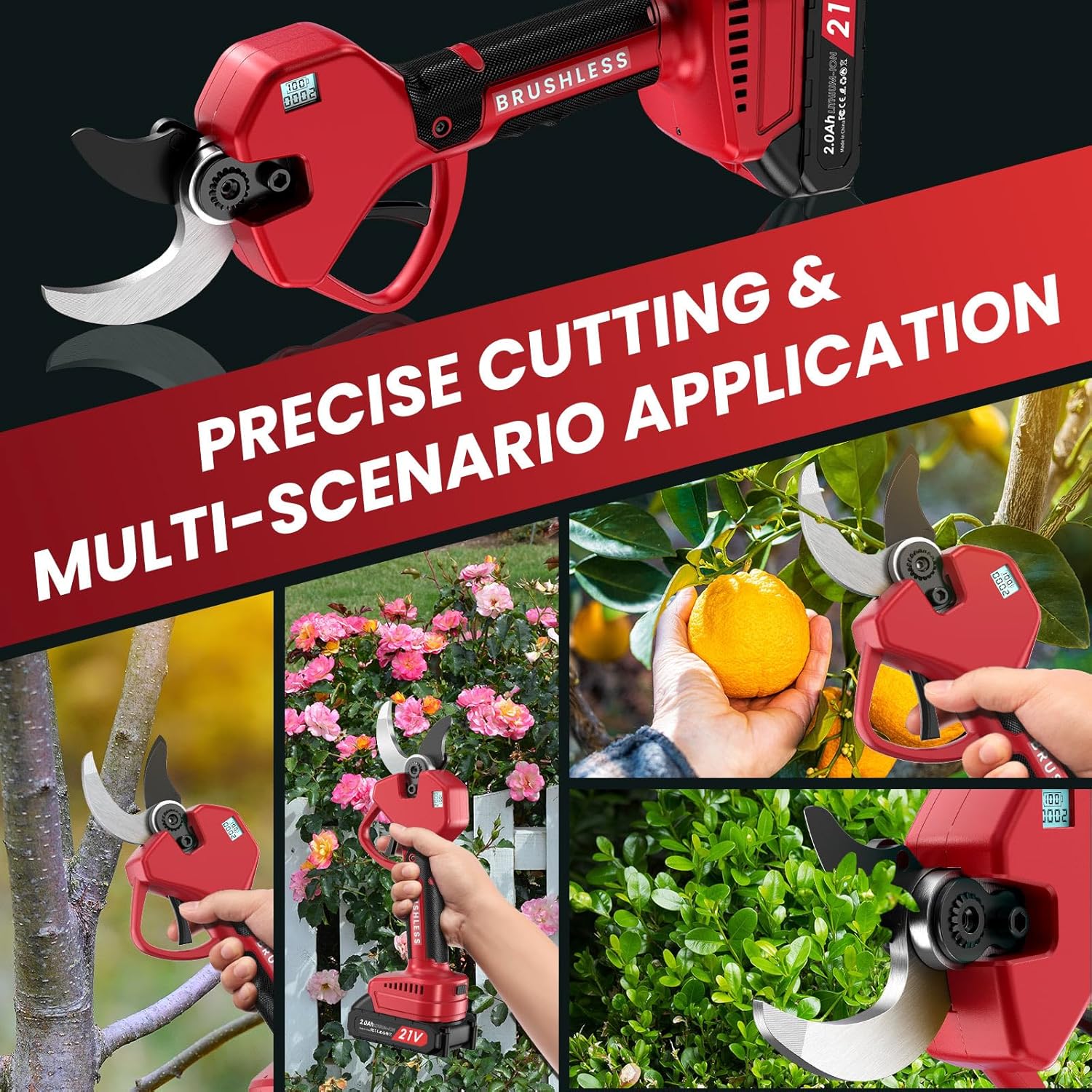 Electric Pruning Shears 50 mm, with Display, 2 Batteries 2000 mAh, Continued 4-8 Hours, Cutting Diameter is Adjustable in Two Gears (35/50 mm), Suitable for Orchards, Gardens and Farms