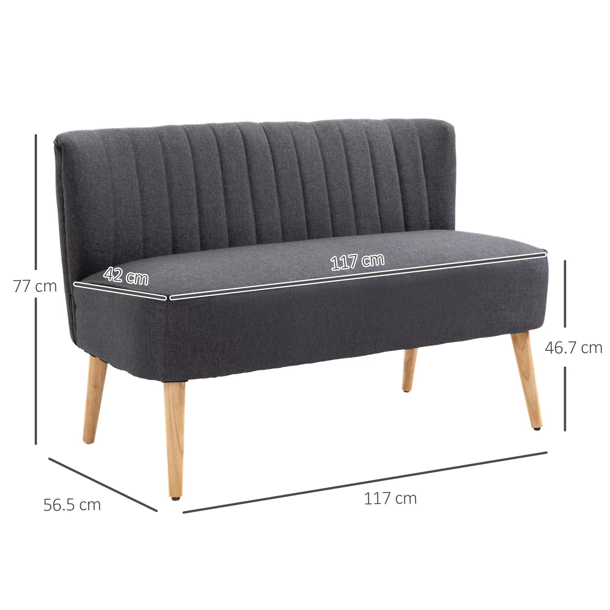 Sofá moderno de lino para 2 plazas, sofá compacto con acolchado y patas de madera, gris
