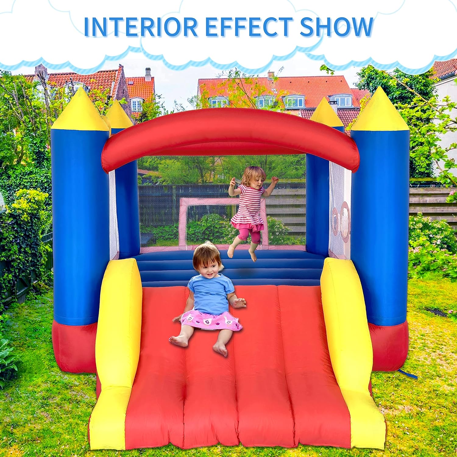 Ballsea Castillo Hinchable con Ventilador, Adecuado para niños de 3 a 10 años, para Interiores, cumpleaños Infantiles (488 x 223 x 220 cm)
