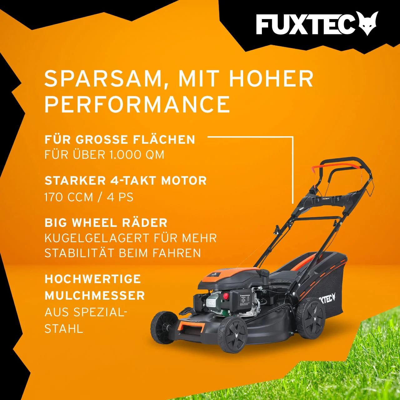 2025 Cortacésped de gasolina 4 en 1 FUXTEC FX-RM5196eS con motor ZIPGO, cortacésped de jardín con función de descarga lateral, ancho de corte 51 cm, motor de 4 tiempos con tracción trasera, ruedas grandes con rodamientos, bolsa de césped 60 L