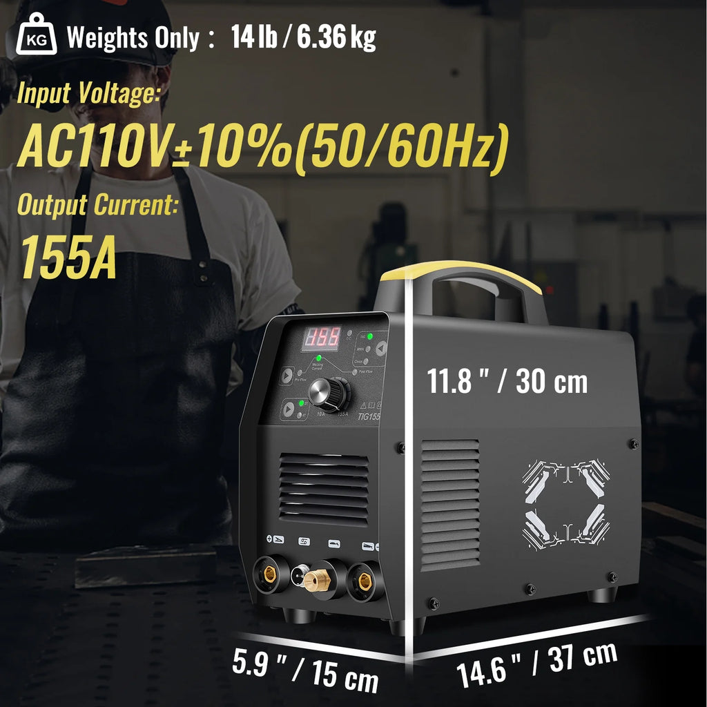 2025 Soldadora TIG 3 en 1 SKYSHALO de 155 A y 110 V (HF TIG/MMA/limpieza), inversor digital IGBT con antorcha, apta para hierro, acero dulce, cobre y níquel.