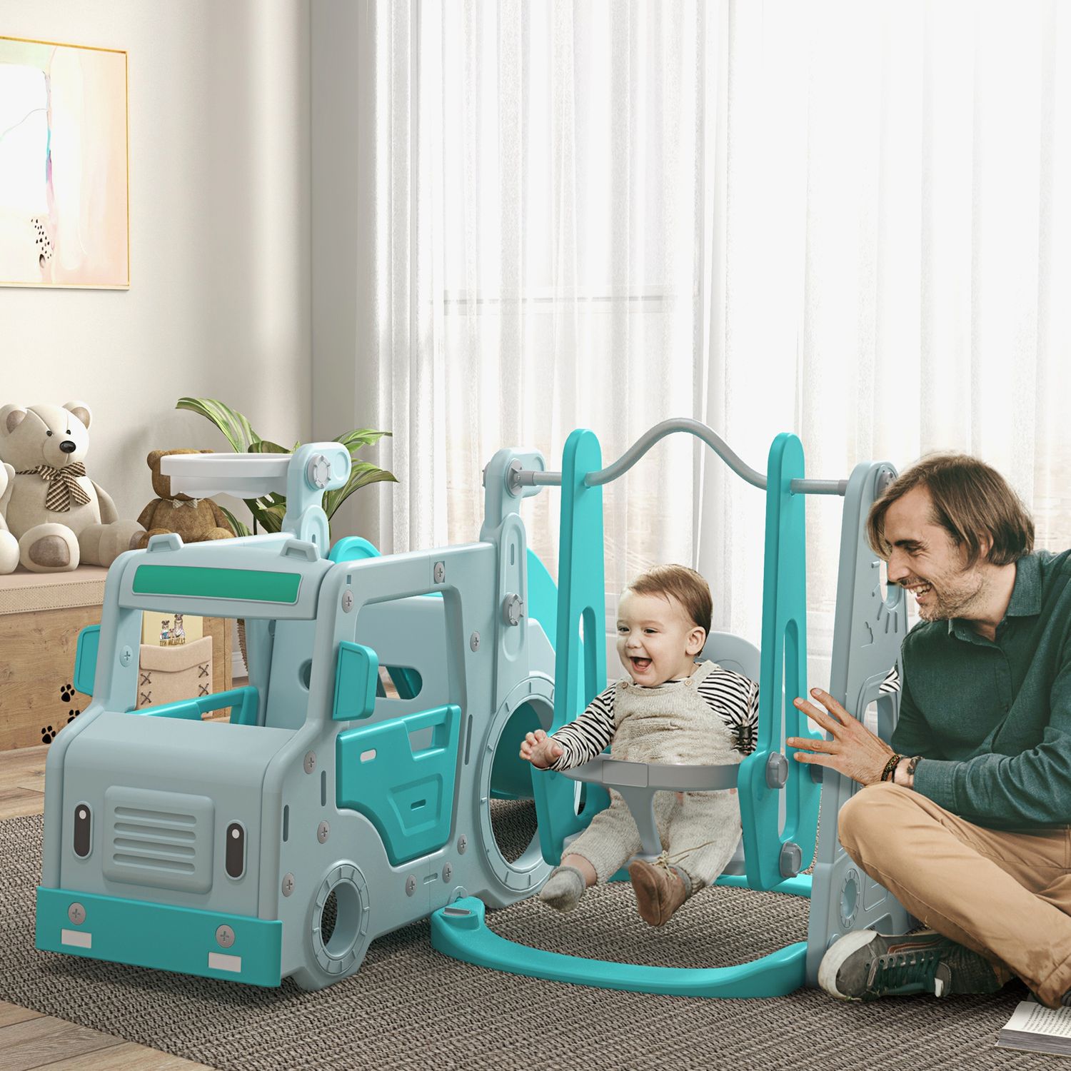 Juego De Tobogán Y Columpio Para Niños 6 En 1 Azul Claro Aiyaplay