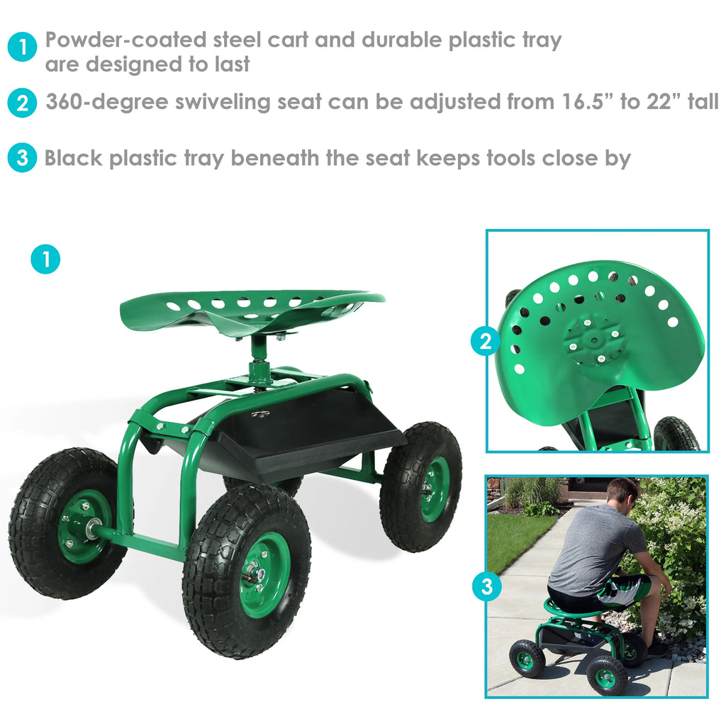 2025 Carrito de Jardín Rodante Sunnydaze con Asiento Giratorio de 360 Grados y Bandeja para Herramientas