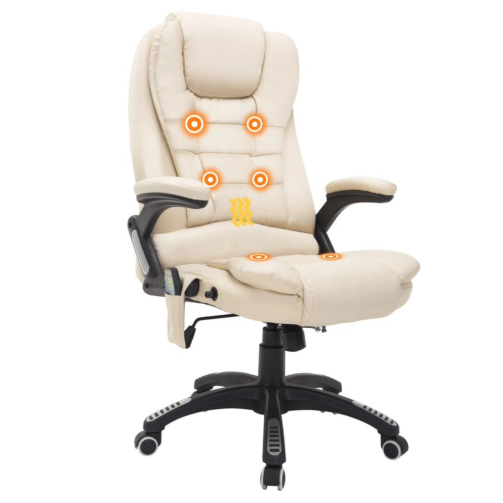 Silla de oficina ejecutiva con masaje y calefacción, sillón de oficina de cuero PU con respaldo alto, beige