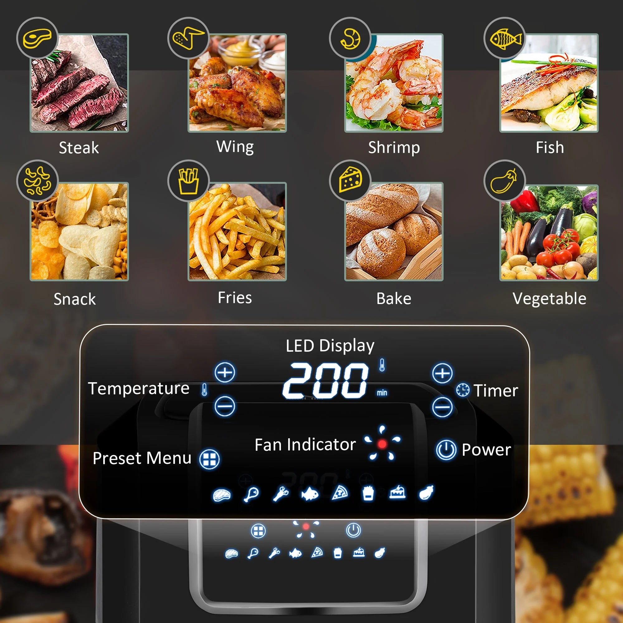 2025 Freidora de aire eléctrica Homlixry de 7 cuartos de galón y 1700 W con pantalla digital, circulación de aire de 360°, temperatura ajustable, temporizador y cesta antiadherente para cocinar con poca grasa o sin aceite, color negro