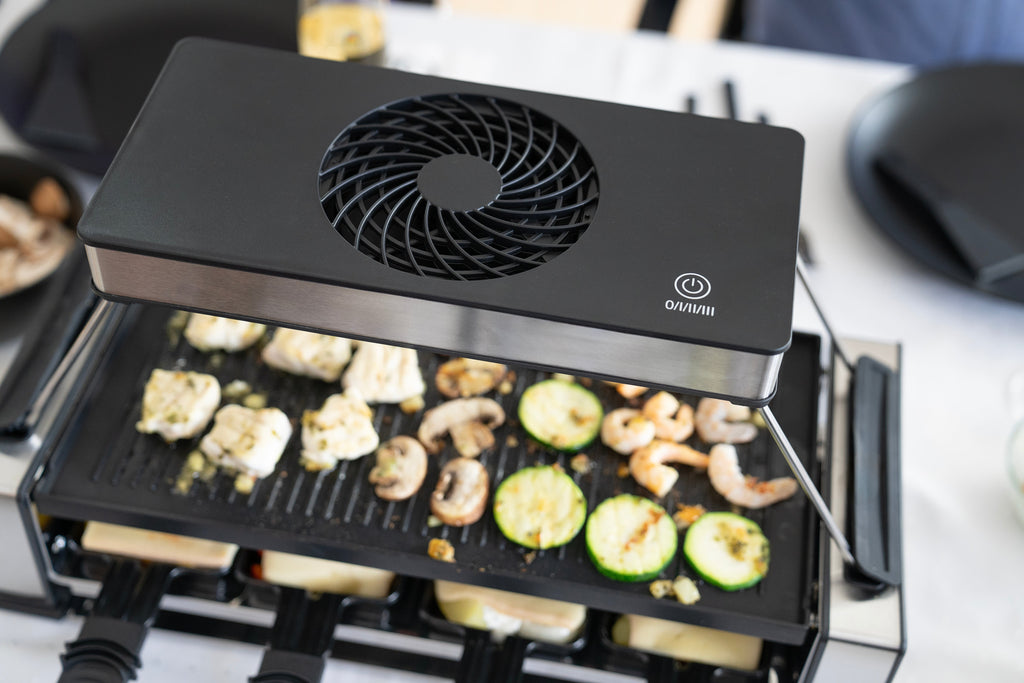 2025 Raclette-Grill „Smokeless 8“ – Raclette sin humo con placa antiadherente y 8 sartenes