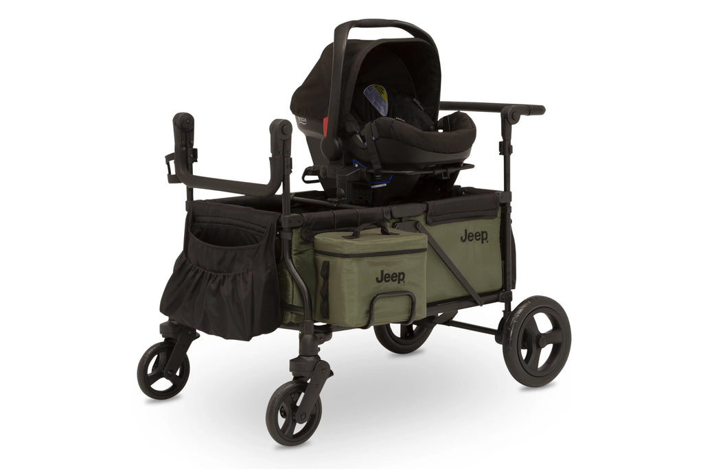 Carrito-Paseador Jeep Wrangler Deluxe – 2 Asientos con Arnés de 5 Puntos, Bolsa Térmica, Capota Anti-UV, Amplio Almacenamiento, Ruedas Todo Terreno Antipinchazos, Manillares Ajustables