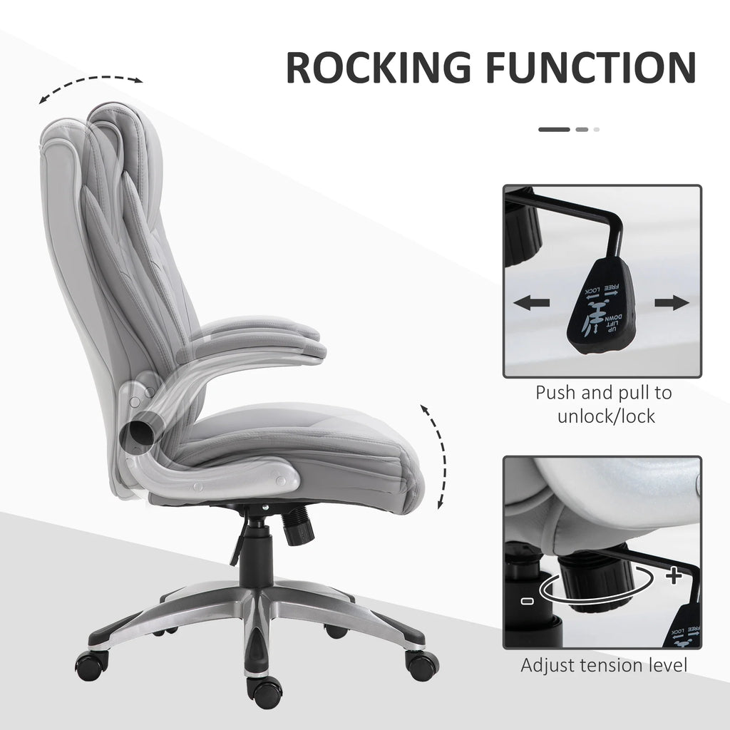2025 Silla de Oficina de Cuero PU con Reposabrazos Abatibles, Altura Ajustable y Ruedas Giratorias, Gris