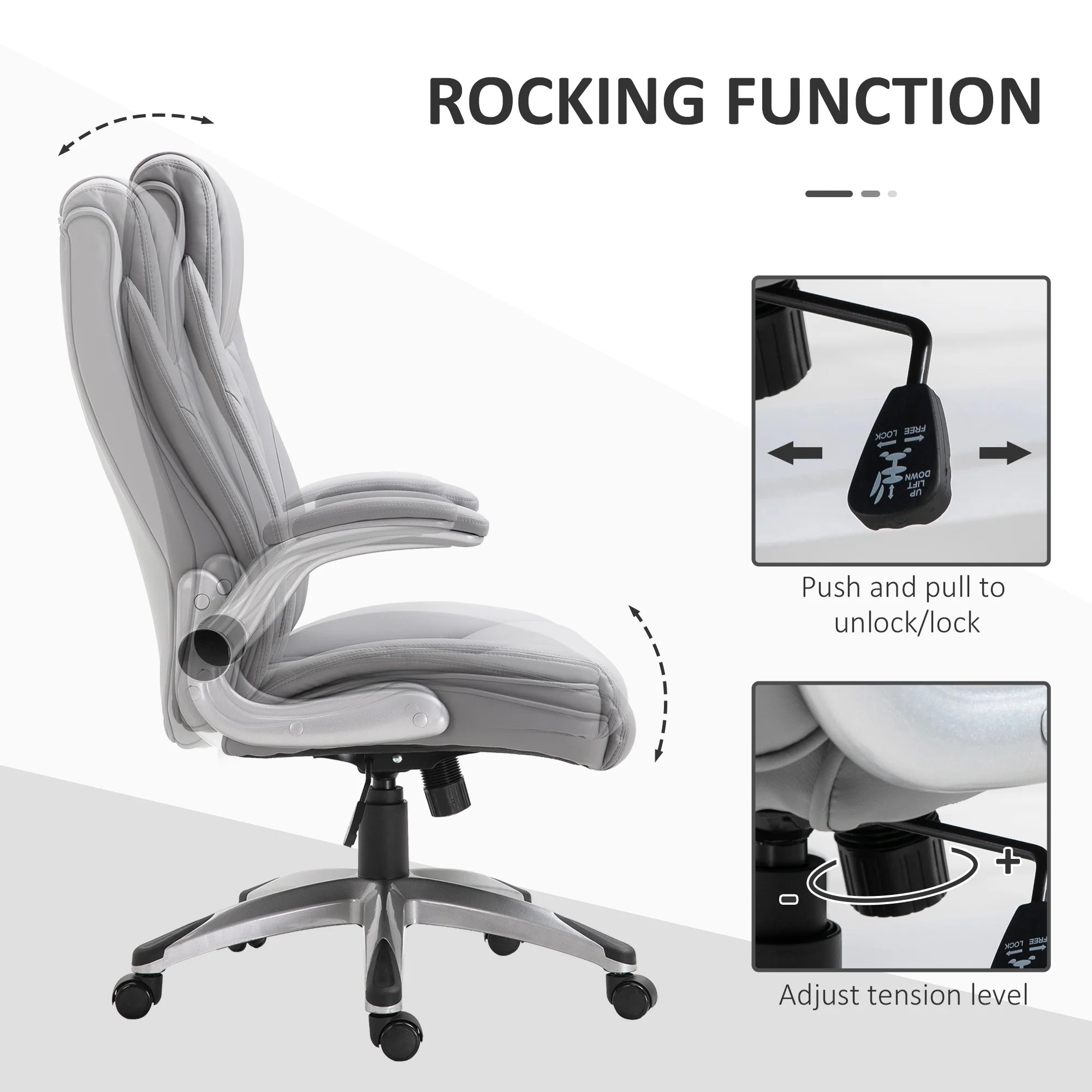 2025 Silla de Oficina de Cuero PU con Reposabrazos Abatibles, Altura Ajustable y Ruedas Giratorias, Gris