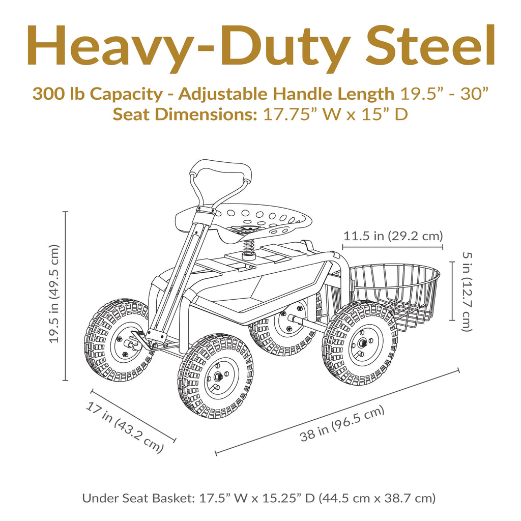 2025 Carrito de Jardín Rodante Sunnydaze con Asiento Giratorio, Manillar y Cesta