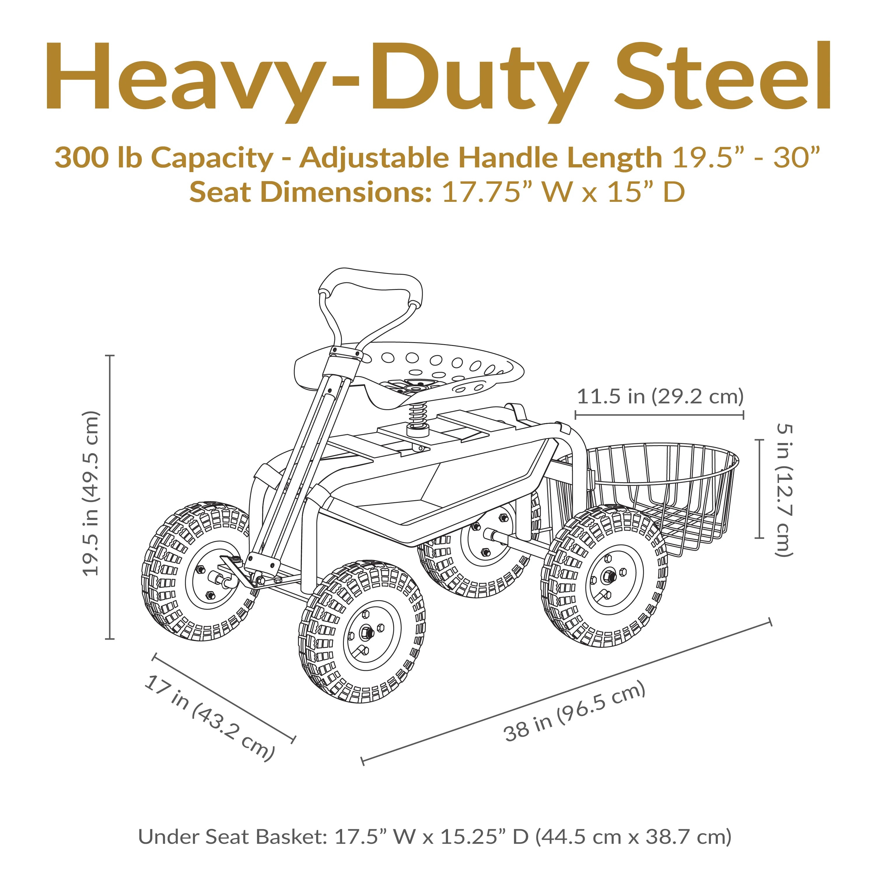 2025 Carrito de Jardín Rodante Sunnydaze con Asiento Giratorio, Manillar y Cesta