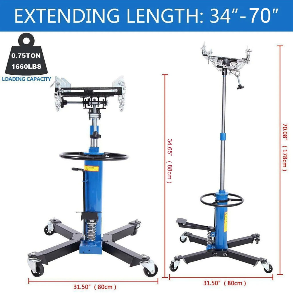 Gato hidráulico vertical para transmisión de vehículos, capacidad de 0,75 toneladas (1660 lb), altura de elevación de 84 a 178 cm, ruedas giratorias de 360° y pedal, color azul