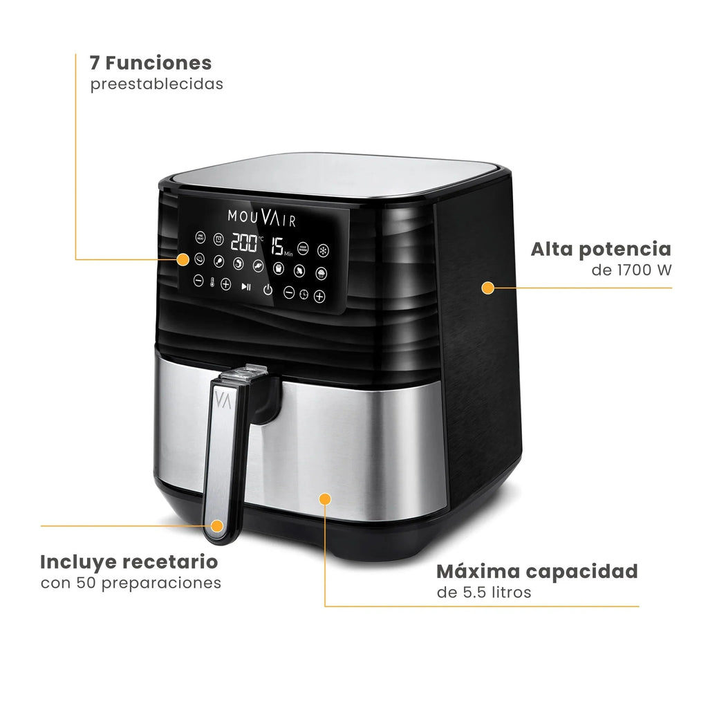 2025 Freidora De Aire Gourmet 5.5 Lts + Recetario Mouvair