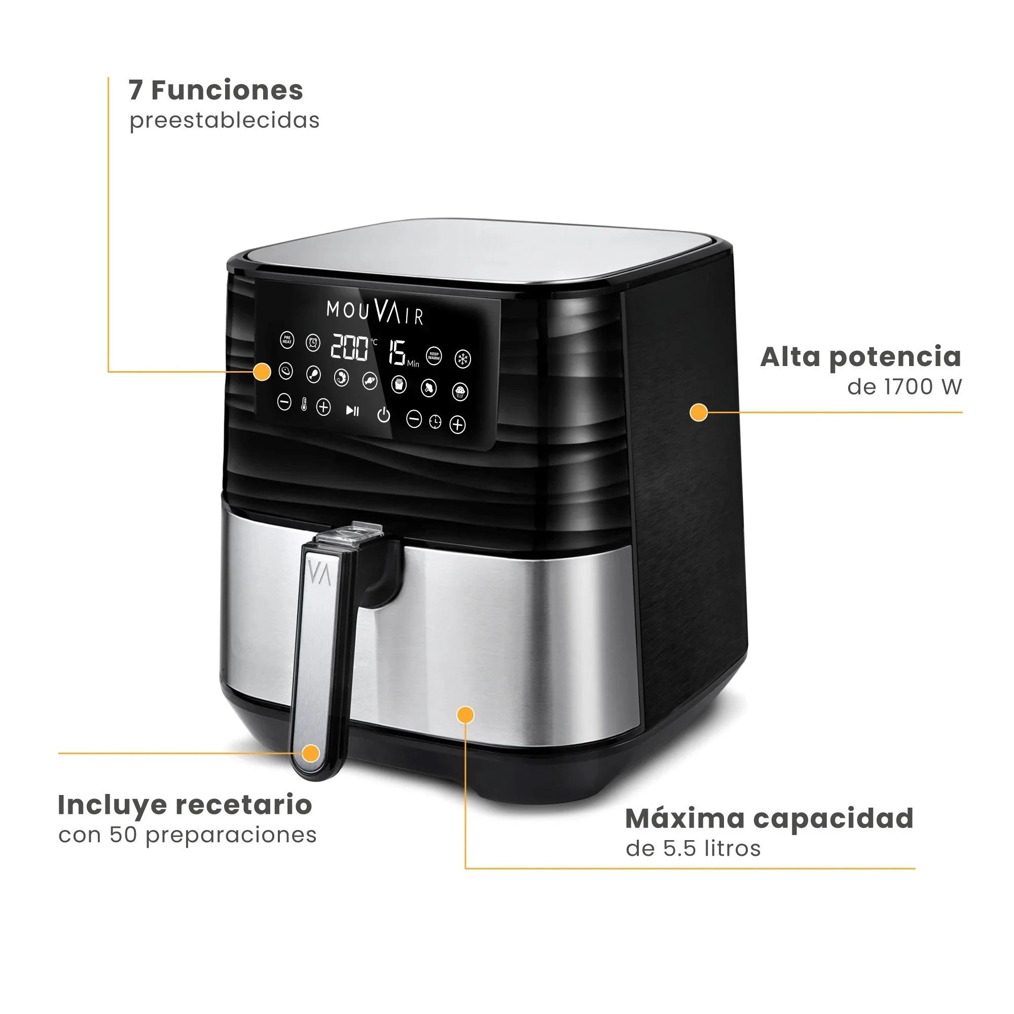 2025 Freidora De Aire Gourmet 5.5 Lts + Recetario Mouvair