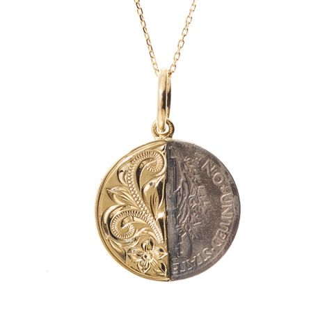 Joyería hawaiana / K14YG / Colgante de media moneda de mercurio