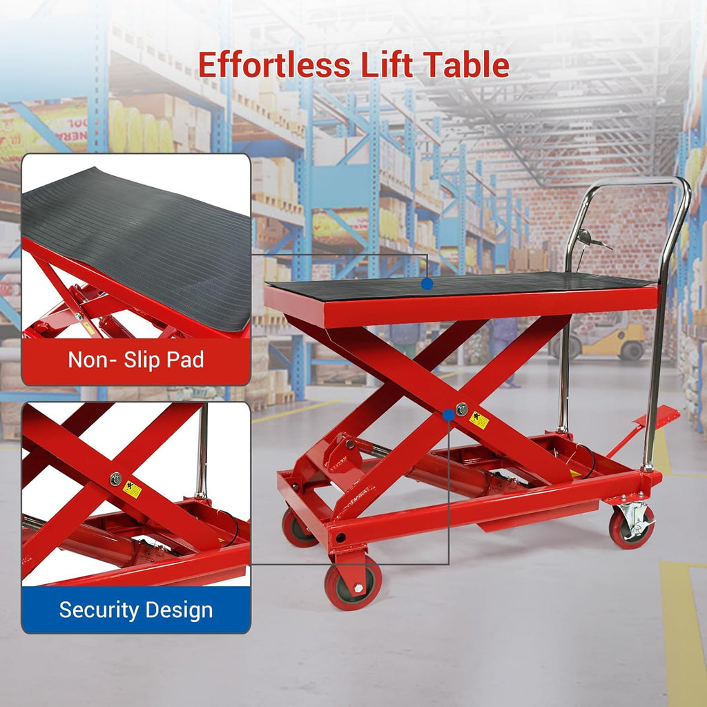 2025 Mesa elevadora hidráulica de tijera doble, capacidad 500 lbs, altura de elevación 30", carrito con 4 ruedas y base antideslizante, para manipulación y transporte de materiales