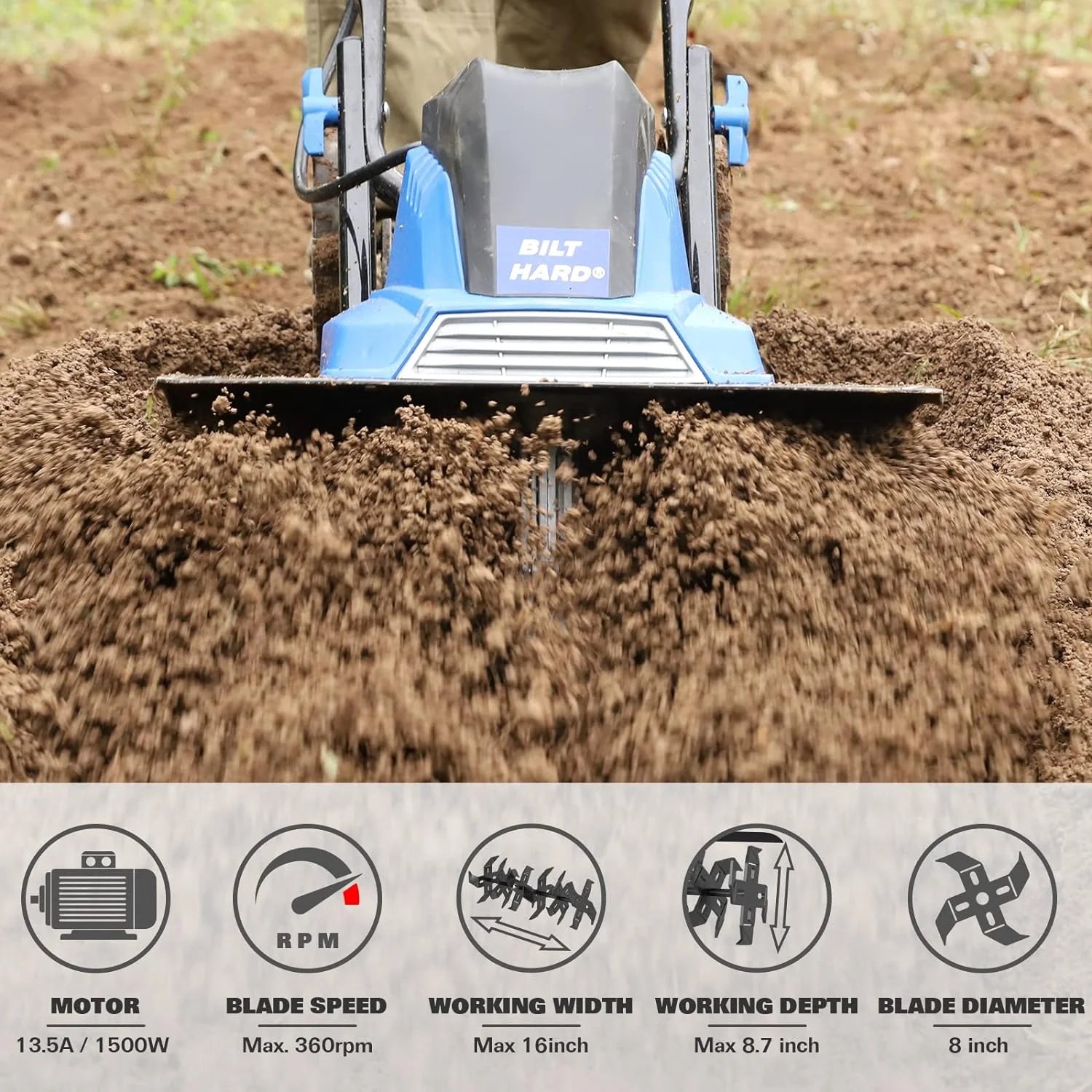 2025 Motocultor eléctrico BILT HARD de 16 pulgadas, 13,5 A, 6 dientes de acero, con ruedas ajustables.