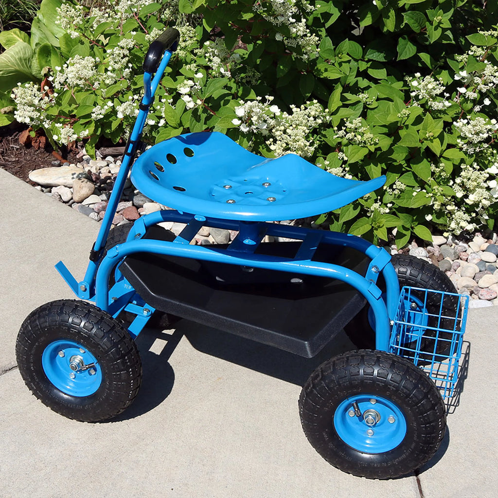 2025 Carrito de Jardín Rodante Sunnydaze con Asiento Giratorio y Manillar de Dirección