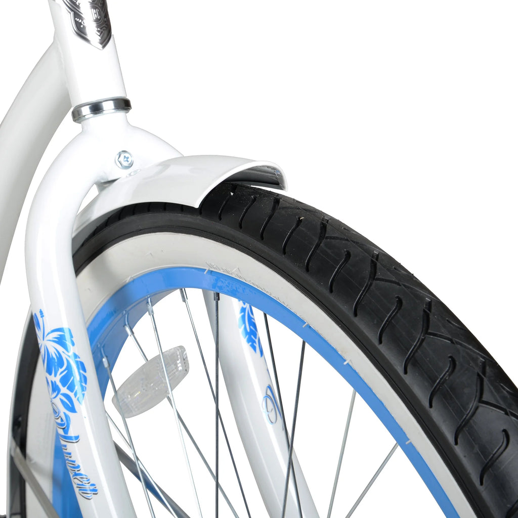 Bicicleta de playa para mujer Hyper, 26 pulgadas, blanca con llantas azules
