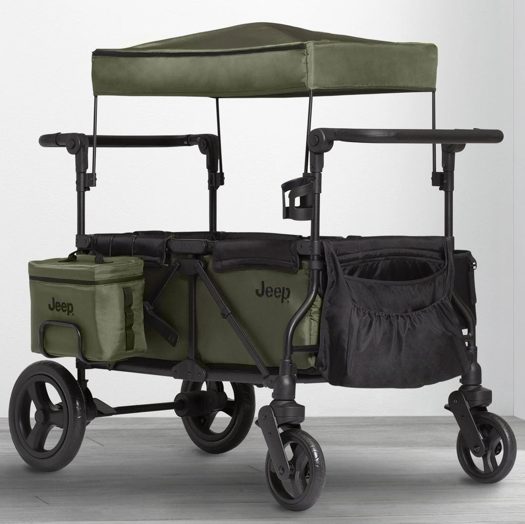 Carrito-Paseador Jeep Wrangler Deluxe – 2 Asientos con Arnés de 5 Puntos, Bolsa Térmica, Capota Anti-UV, Amplio Almacenamiento, Ruedas Todo Terreno Antipinchazos, Manillares Ajustables