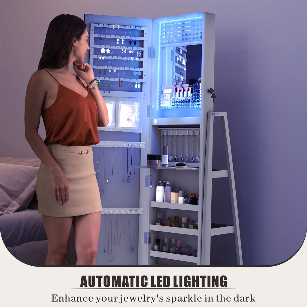 Joyero FREDEES con espejo e iluminación: organizador de madera con espejo de cuerpo entero para mujer, color gris elegante.