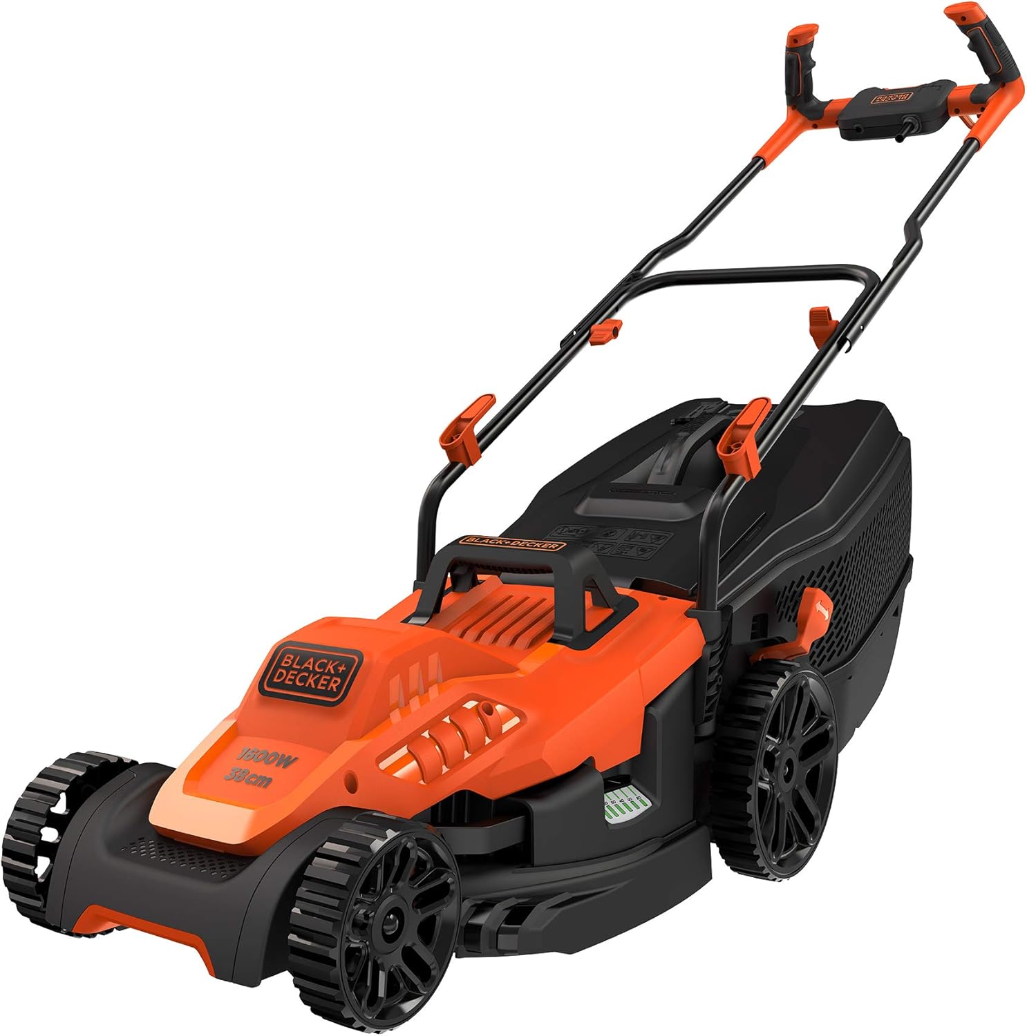 BLACK+DECKER Cortacésped con Manillar de Tipo Bicicleta 1600W, Ancho de Corte 38cm, Sistema E-Drive, EdgeMax y SoftTouch, 6 Alturas de Corte, Depósito 45L, BEMW471BH