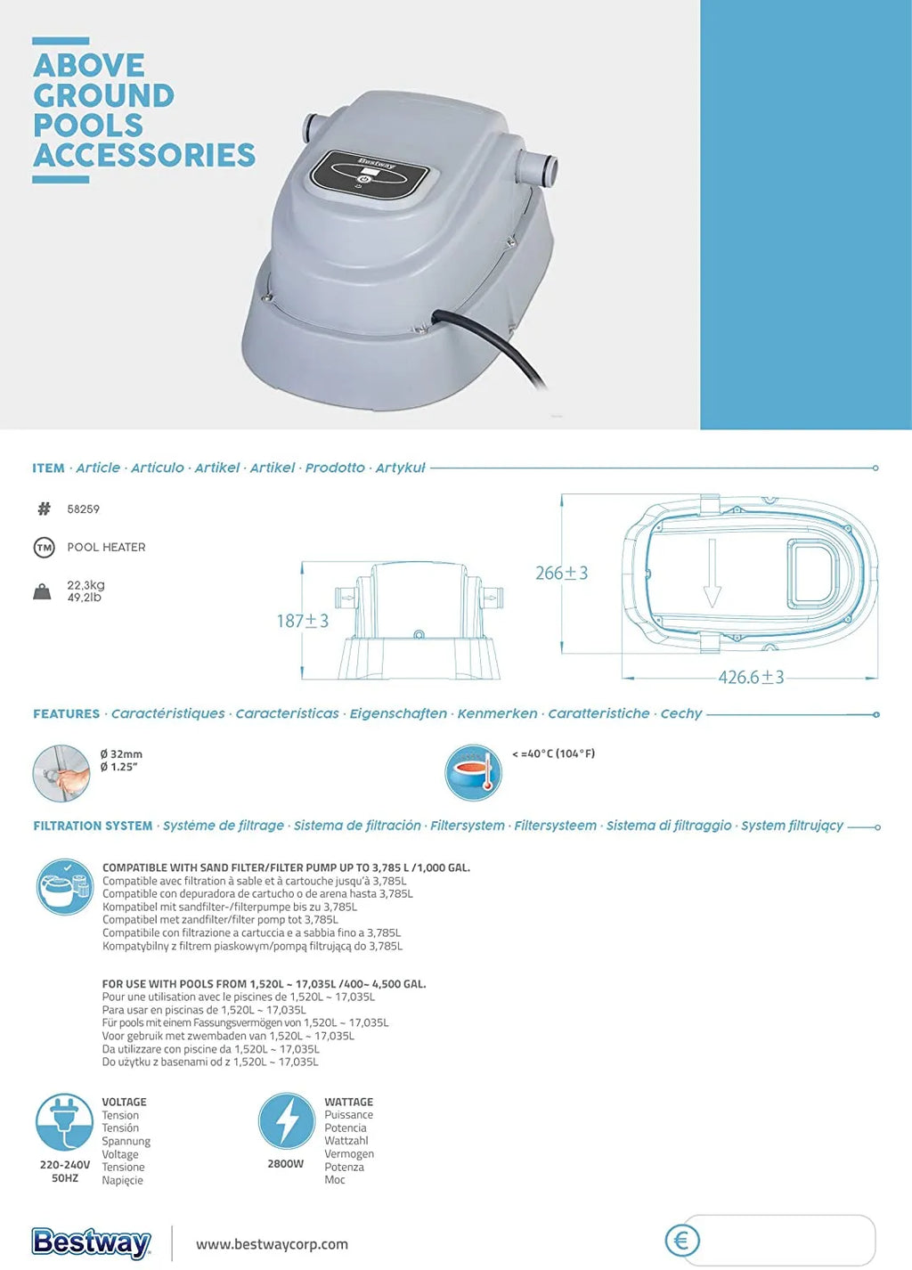 2025 Calentador de piscina Bestway 58259 – Calentador eficiente de agua para piscinas elevadas de hasta 4,57 m de diámetro