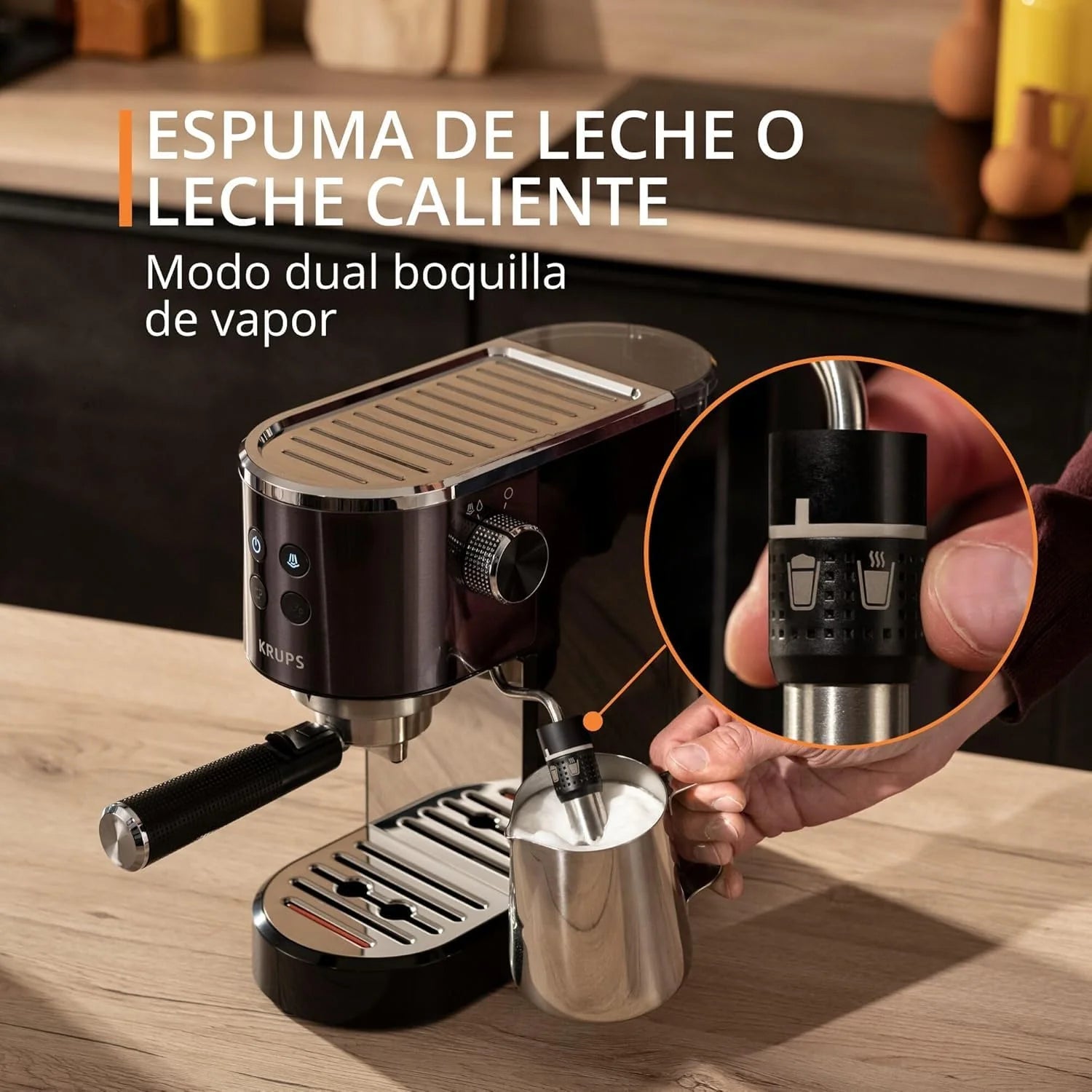 Krups Virtuoso Essential - Cafetera espresso 15 bar, acero inox negro, diseño compacto y elegante, parada automática, espresso y cappuccino, Thermoblock, boquilla de vapor, incluye cuchara, XP4418