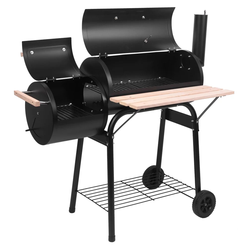 Parrilla portátil de carbón UBesGoo con ahumador lateral de acero para camping, negra.
