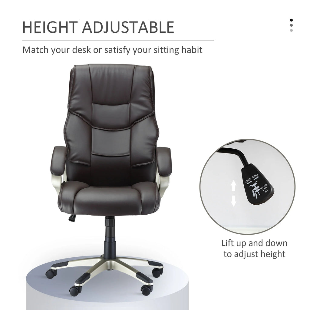 Silla de Oficina con Respaldo Alto, Sillón Giratorio de Cuero Sintético con Altura Ajustable, Marrón