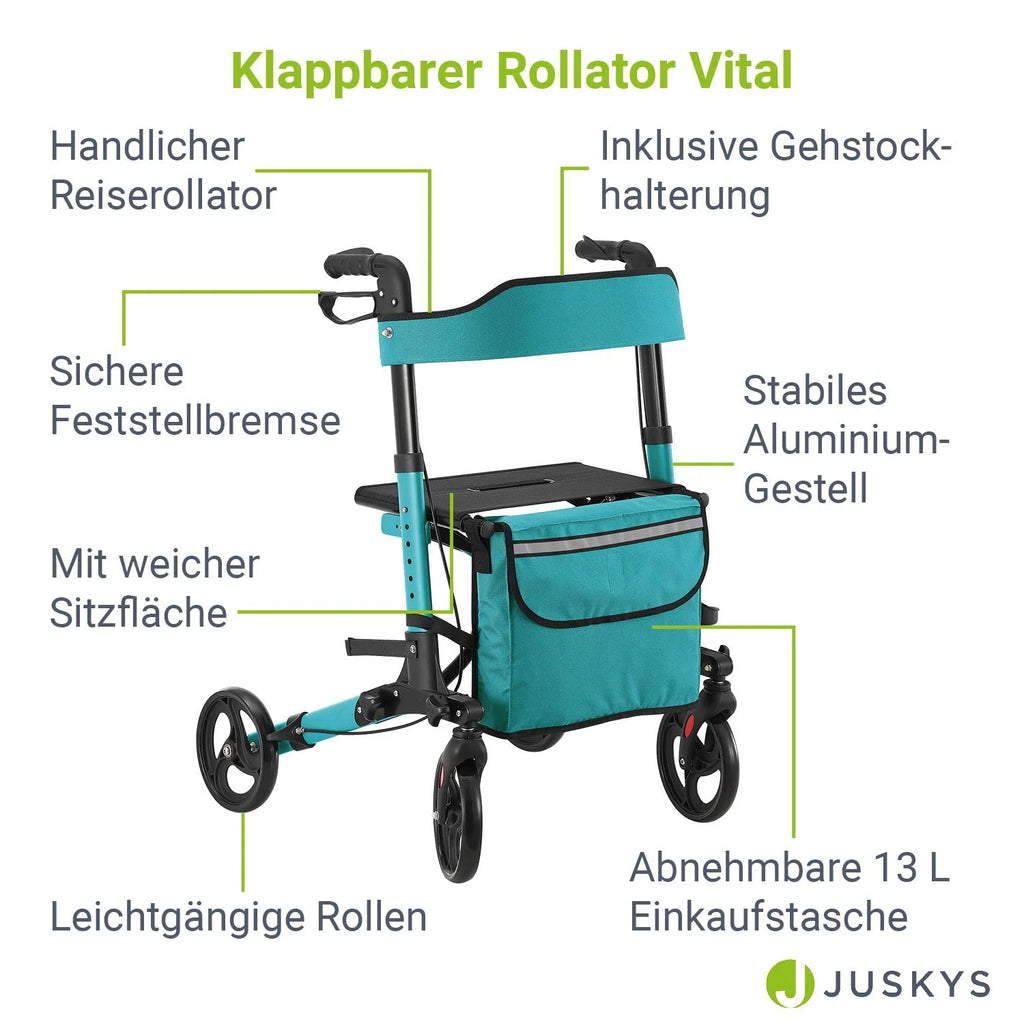 2025 Andador de aluminio Vital con asiento – Ligero, plegable y seguro