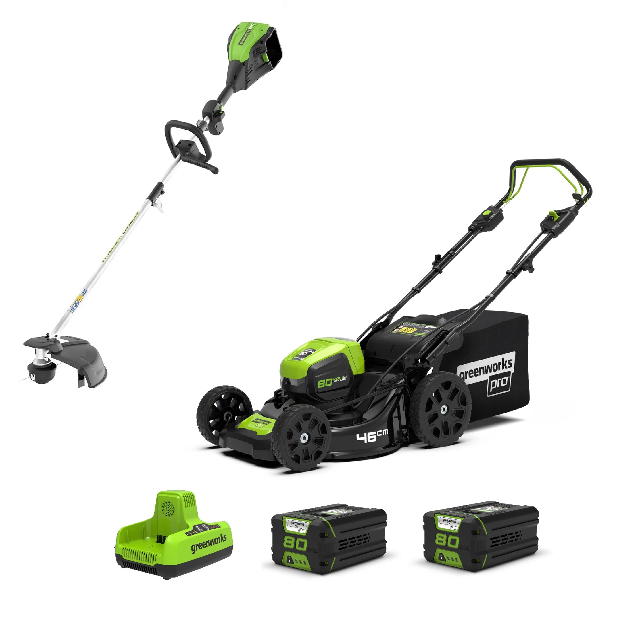 2025 Set Combo 80V Cortacésped autopropulsado 46 cm + Recortadora de bordes 36 cm – Incluye 2 baterías de 2 Ah y cargador