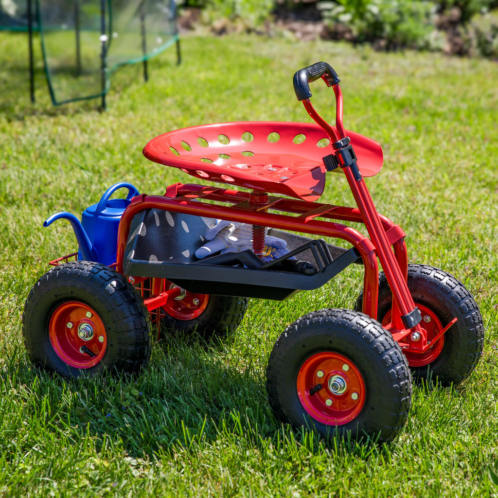 2025 Carrito de Jardín Rodante Sunnydaze con Asiento Giratorio y Manillar de Dirección