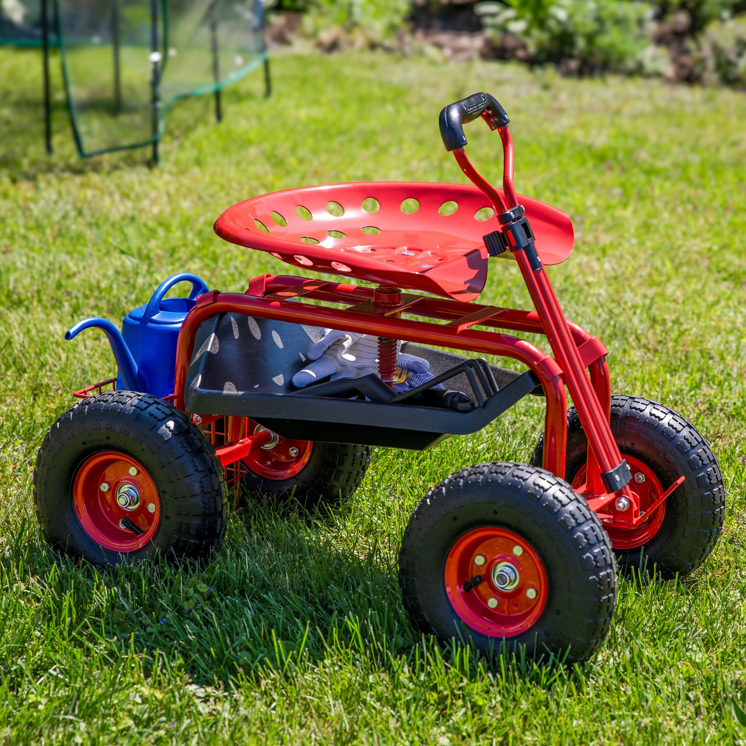 2025 Carrito de Jardín Rodante Sunnydaze con Asiento Giratorio y Manillar de Dirección