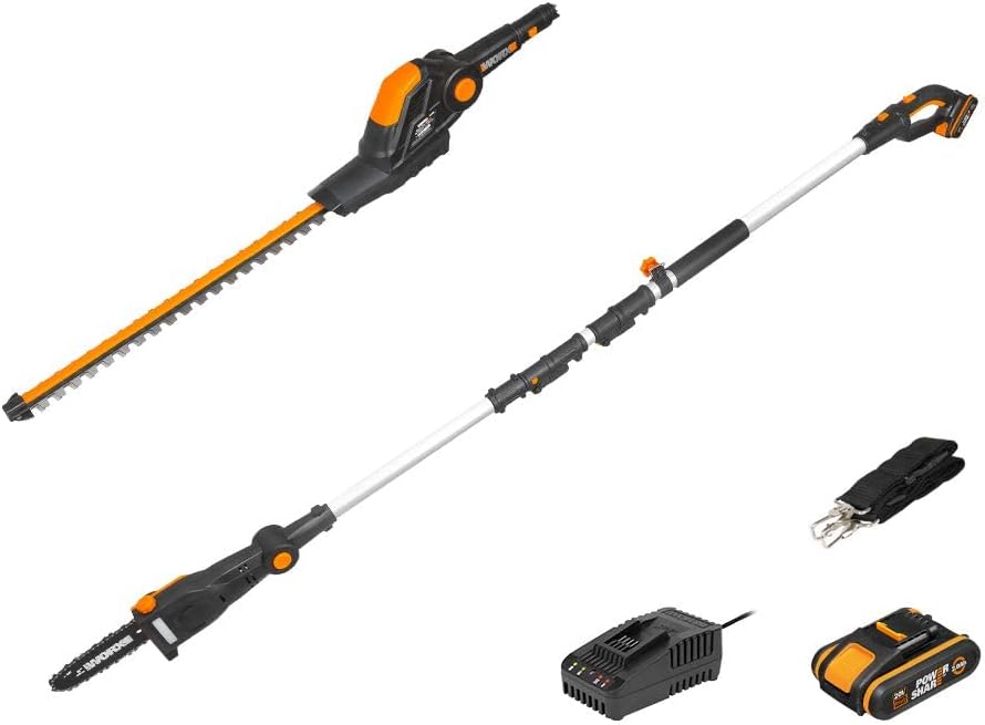 Worx 18V (20V MAX) Cortasetos Telescópica Alimentada por Batería PowerShare 2Ah WG252E, Cizalla Eléctrica, Tijeras Alimentadas por Batería con Hoja de Diamante Cortada con Láser