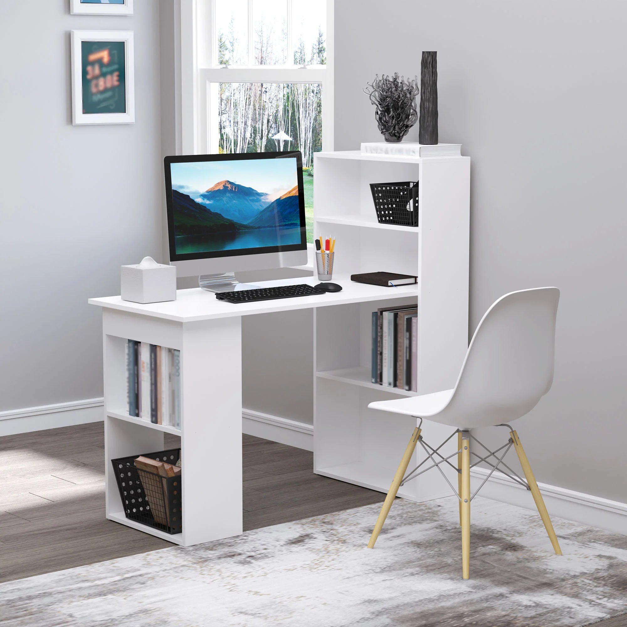 Escritorio de Ordenador Moderno de 120 cm con Estantería, Mesa de Estudio y Estación de Trabajo con 6 Estantes, Blanco