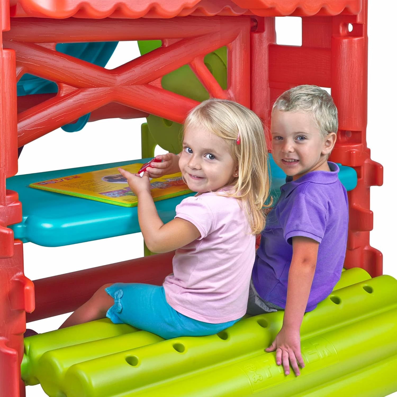 FEBER - Wood House, Centro de Actividades en el Bosque con Tobogán y Mesa Convertible en Arenero, Colores Luminosos y Resistentes a la Luz, Fácil Montaje, Niños de 3 a 8 años, Famosa (800009590)