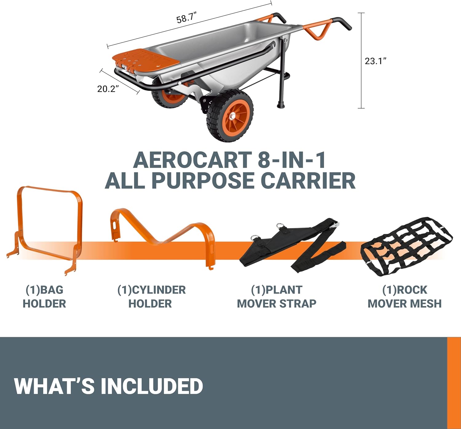 2025 Worx WG050 - Carretilla de jardín 8 en 1 Aerocart / Carretilla robusta / Carretilla de mano
