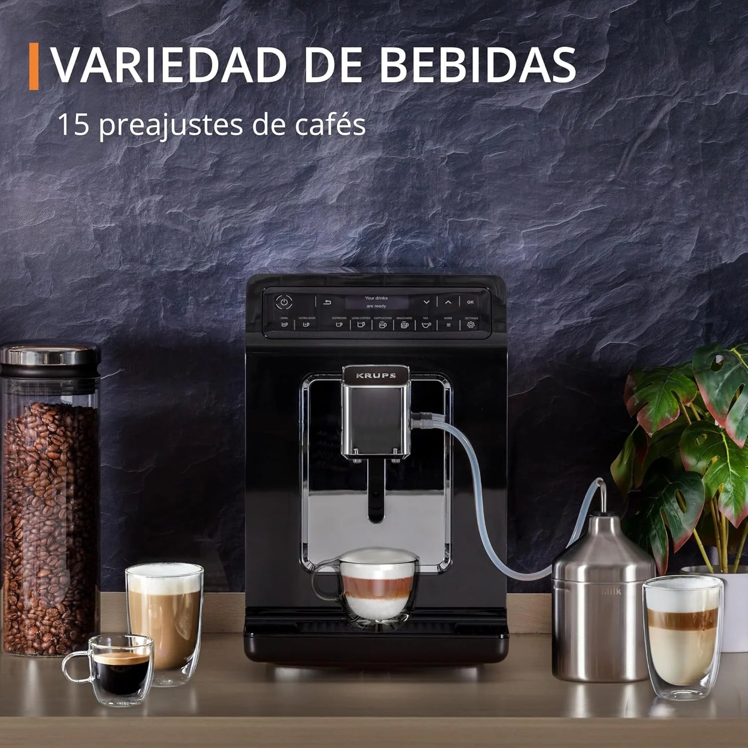 2025 Cafetera automática Krups Evidence | Pantalla OLED con tecnología Barista Quattro Force | 12 tipos de café | 3 variedades de té | capuchino con un solo toque | función para 2 tazas | color negro
